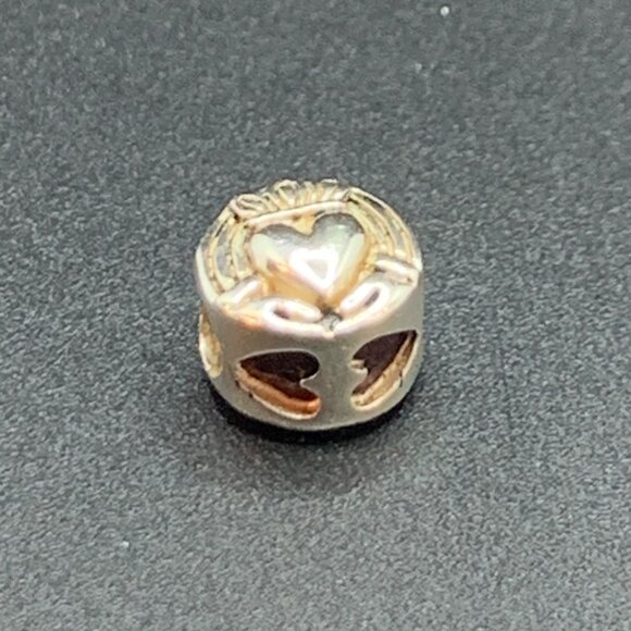 Silver Tone Round Claddagh Heart Slide Charm w/ Darkened Heart Insets - Picture 2 of 8